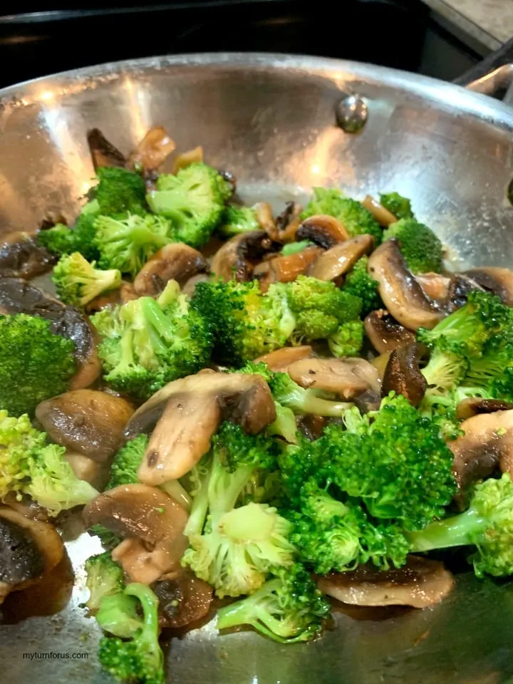 sautéing broccoli and mushrooms for quiche