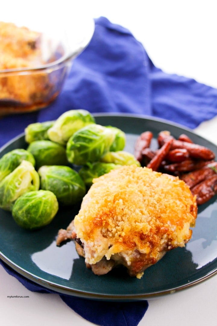 Hellman's best food parmesan chicken, with brussels sprouts and carrots