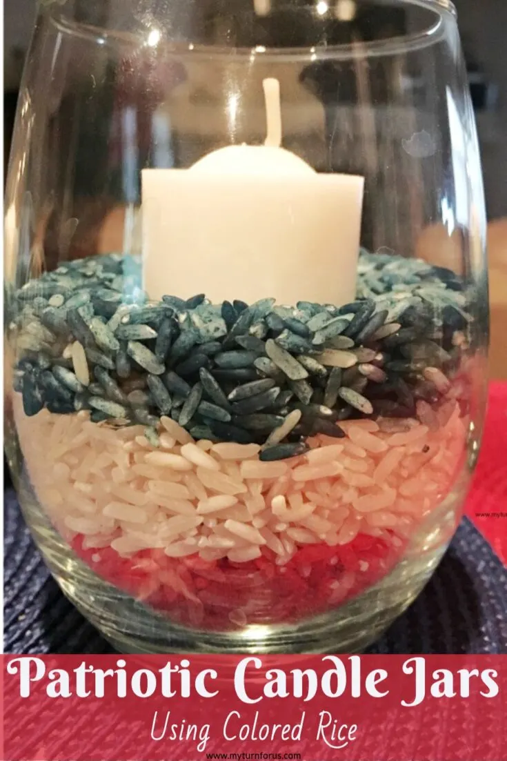 These inexpensive and easy Patriotic candle jars are made using colored rice or dyed rice. Most everything we used we gathered around the house or bought at the Dollar store.