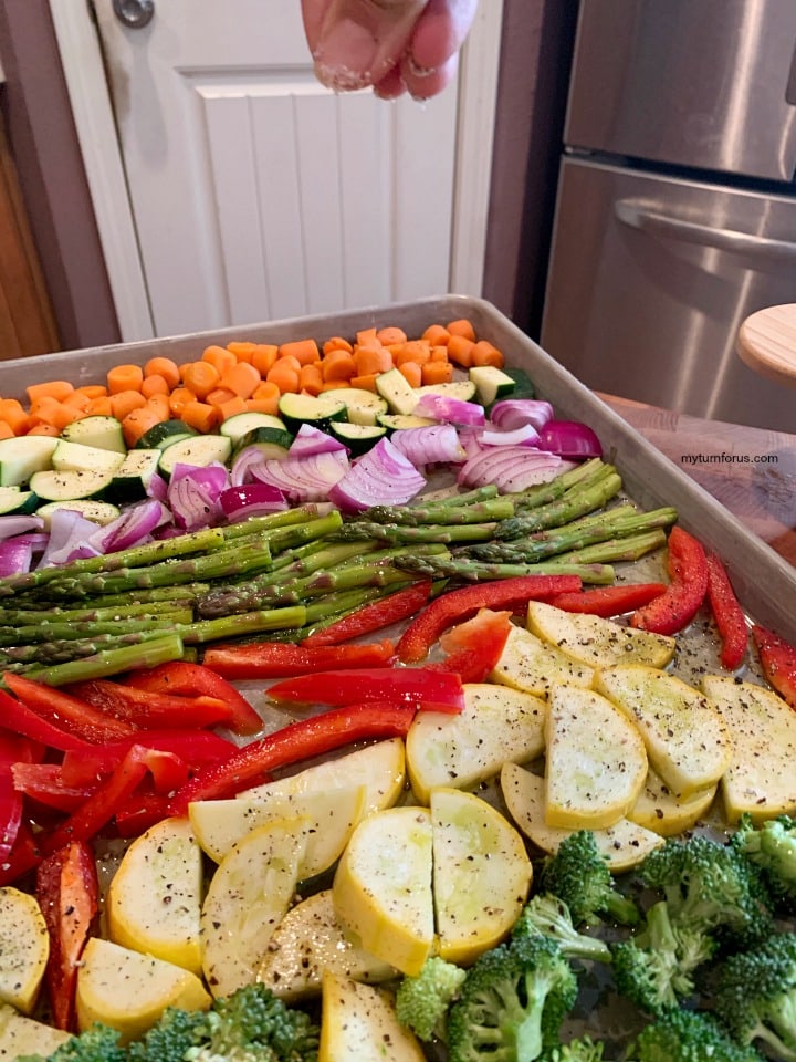 salting sheet pan vegetables, rainbow vegetable tray