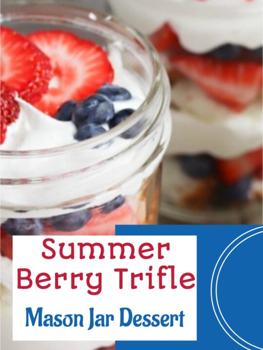 red white and blue trifle in a mason jar