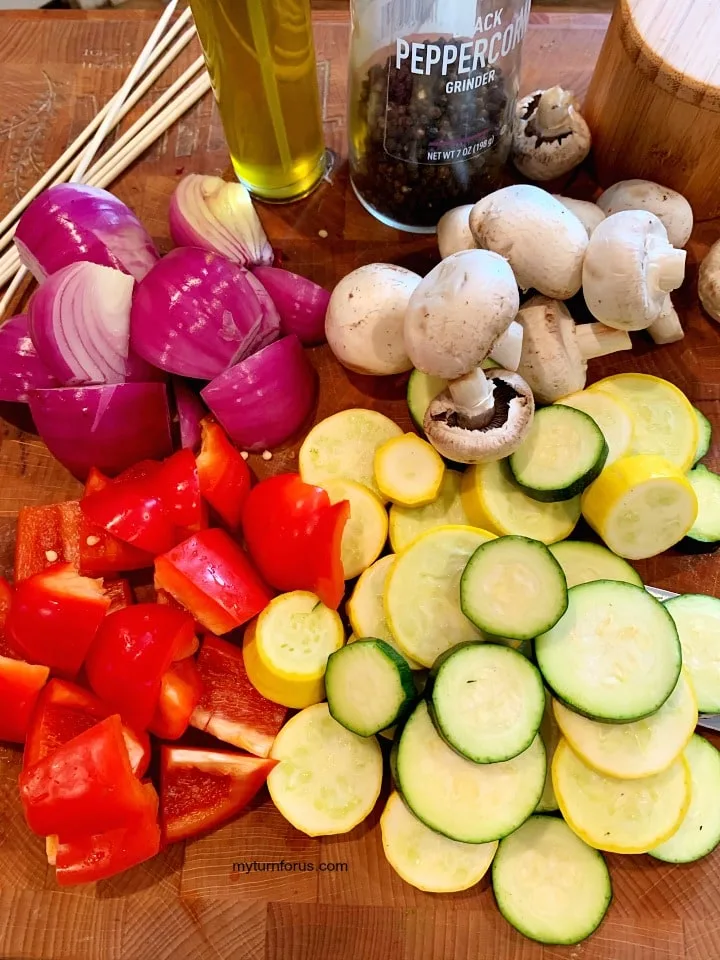prepared Vegetable skewers for grill, Sliced zucchini, sliced yellow squash, onion and bell peppers