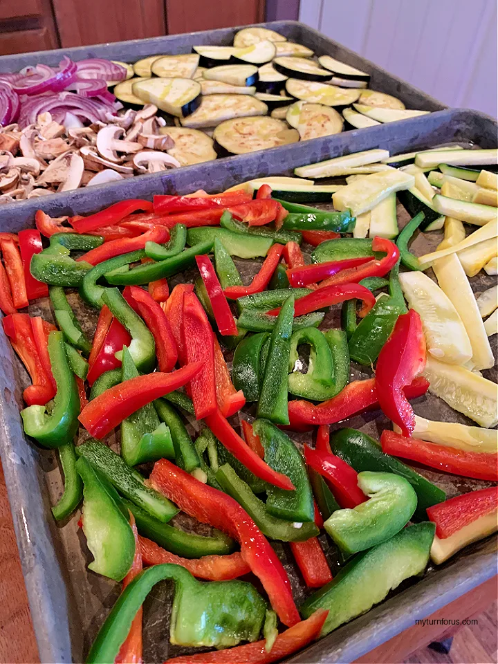 preparing the vegetables for roasted vegetable pasta primavera