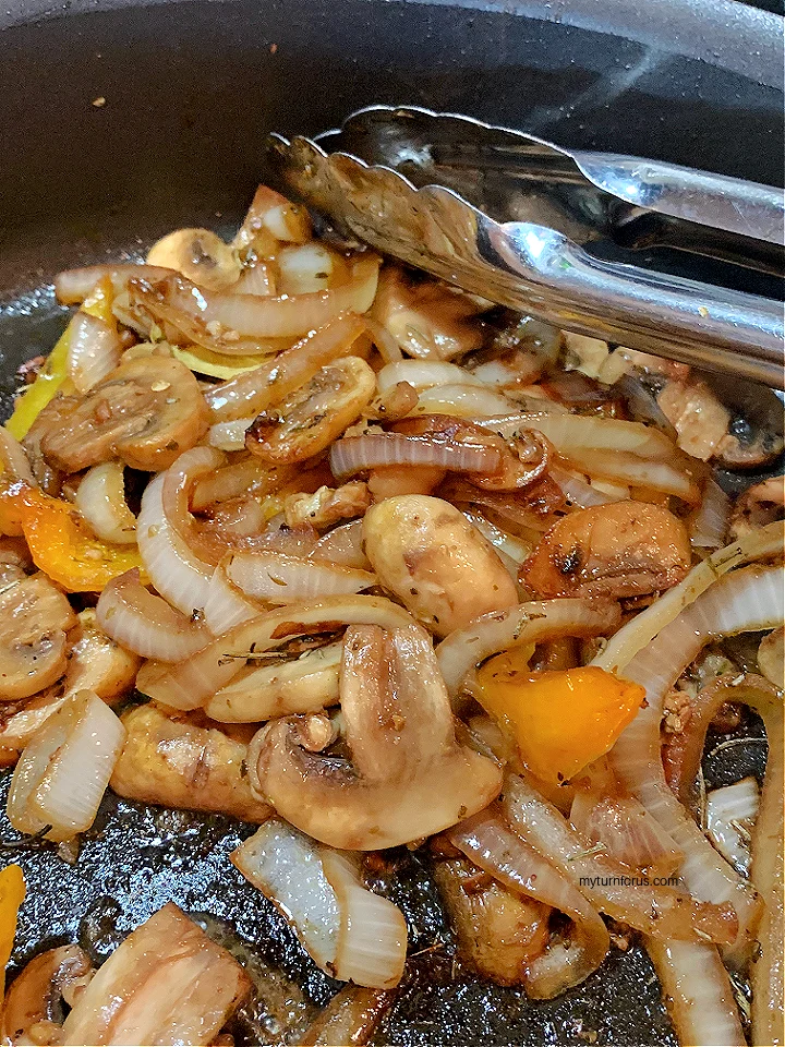 golden brown onions and mushrooms for chicken cacciatore