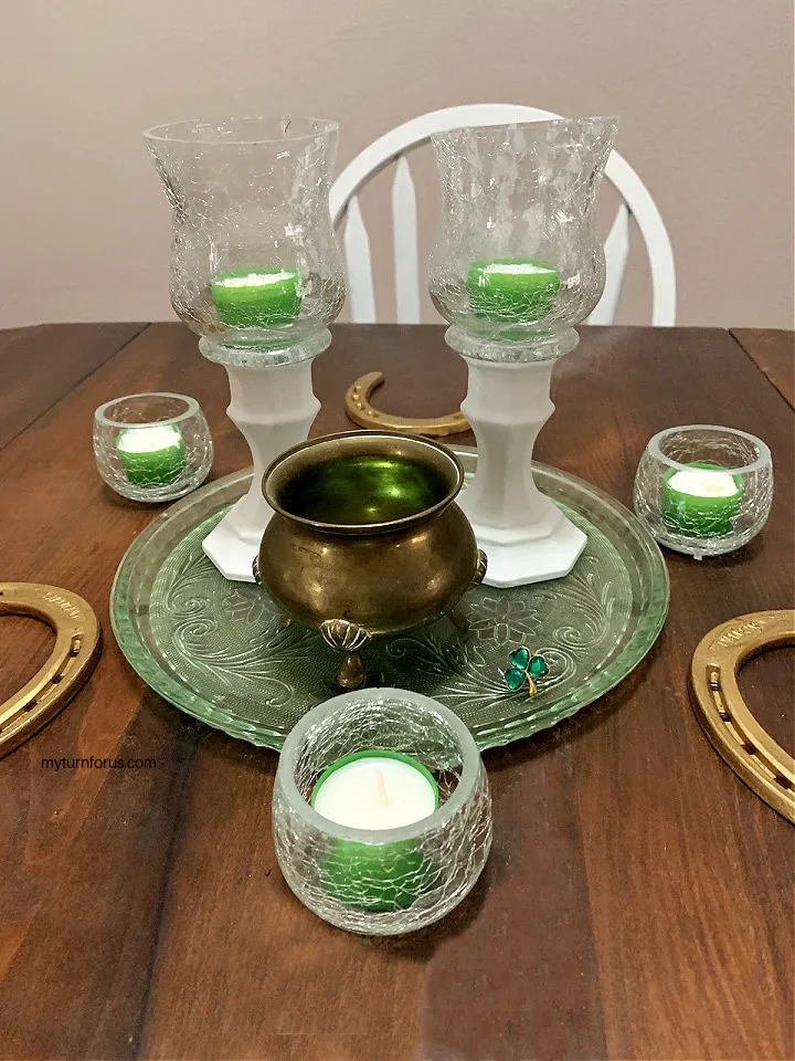 Cracked Glass St Patrick's Day candles and table centerpiece