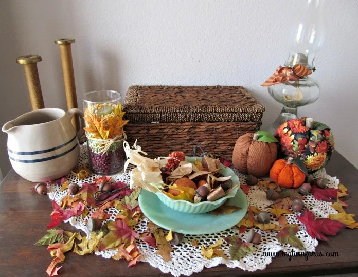 DIY Fall Decor, fall leaves and acorns and stuffed pumpkins