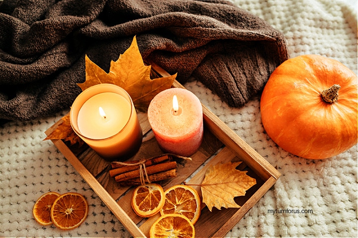 Pumpkins, cinnamon sticks, orange slices for fall decor