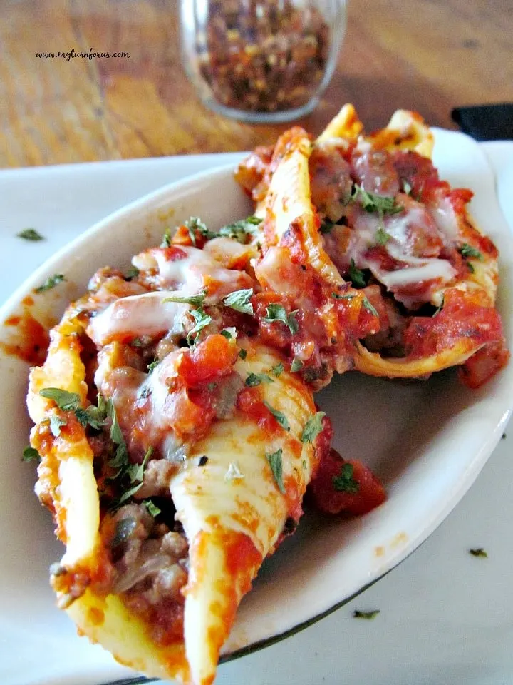  These are stuffed pasta shells with ground beef, Italian Sausage and Mozzarella