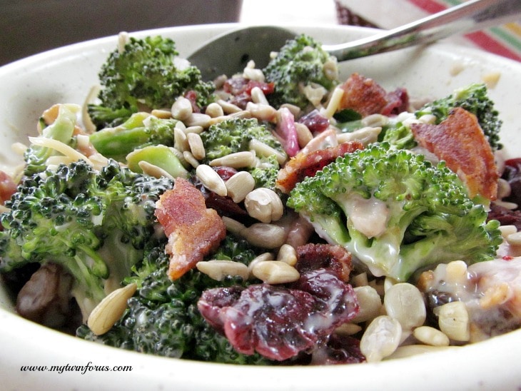 broccoli crunch salad, Easy Broccoli Salad, Broccoli Salad with red onion, bacon, sunflower seeds, Craisins