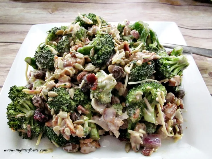 Broccoli Salad with red onion, bacon, sunflower seeds, Craisins, cheese and coleslaw dressing, broccoli crunch salad