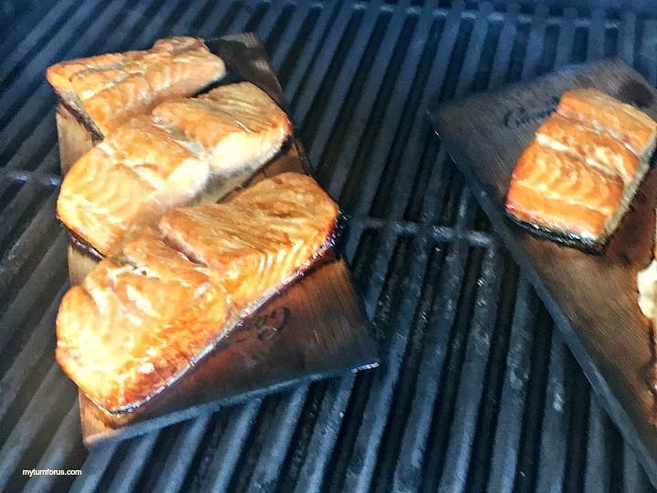 Cedar plank salmon on the grill