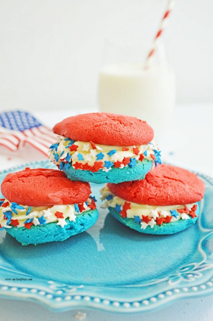 Patriotic cookies, red white and blue sandwich cookies, cake mix cookies