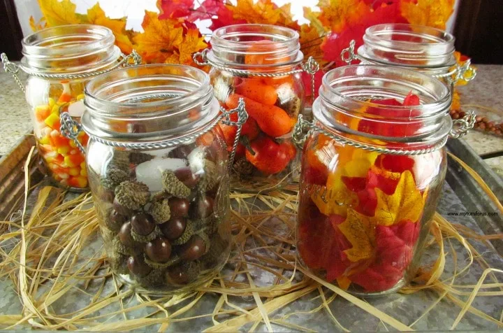 DIY Fall Decor, Mason jars filled with fall decor