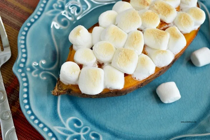 sweet potato casserole with marshmallow, baked sweet potato halves