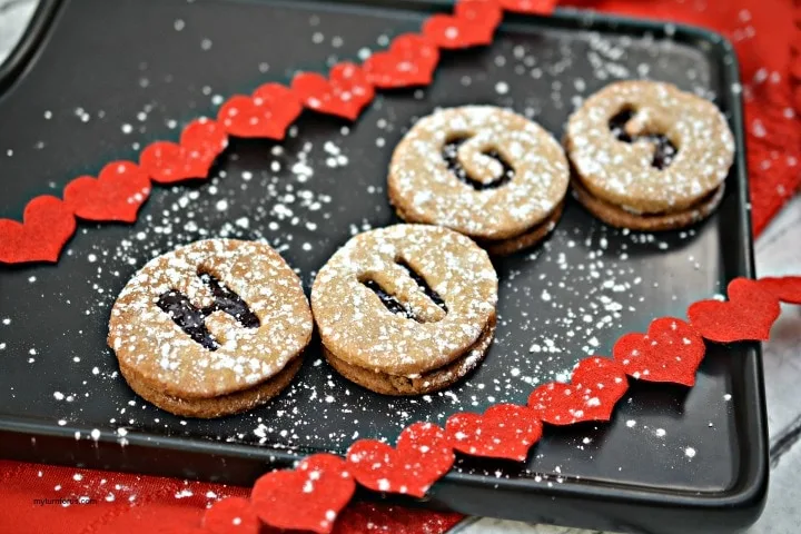 cherry jam cookies, valentine sandwich cookies, alphabet cookie cutters