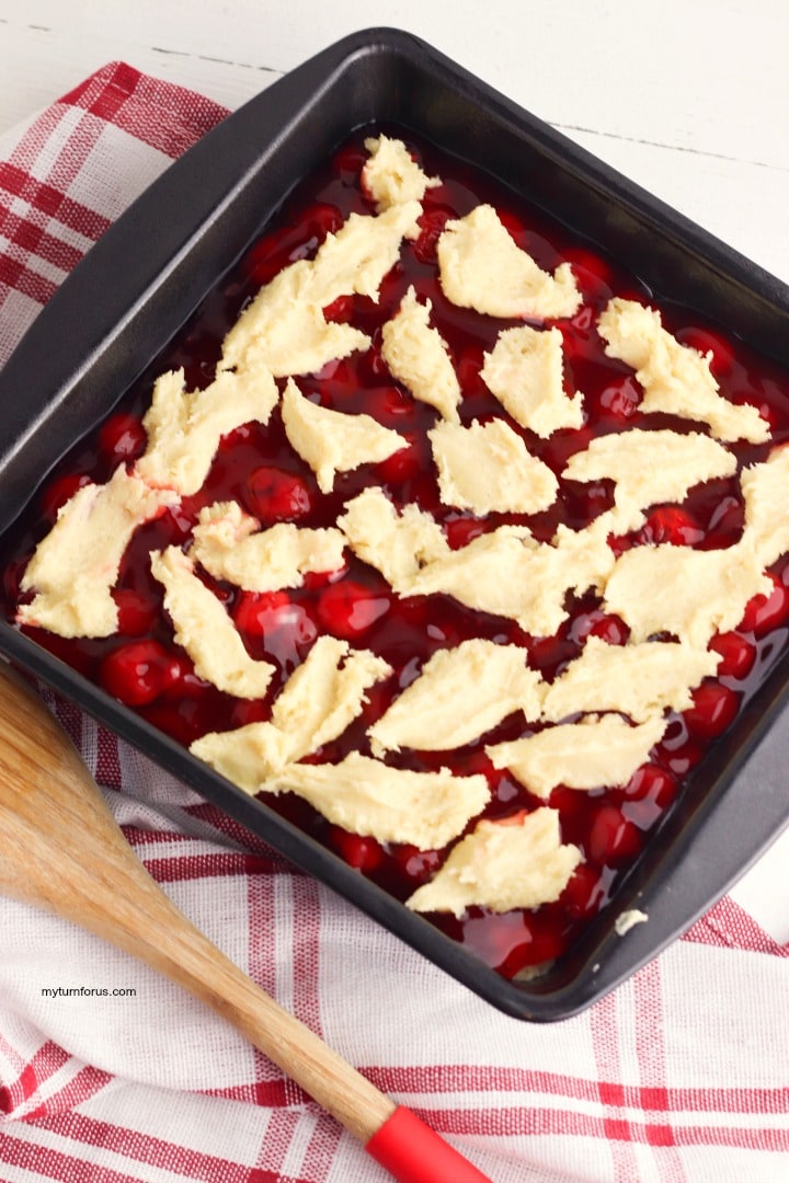 cherry squares, cherry square, crust dough over the top of the pie filling.