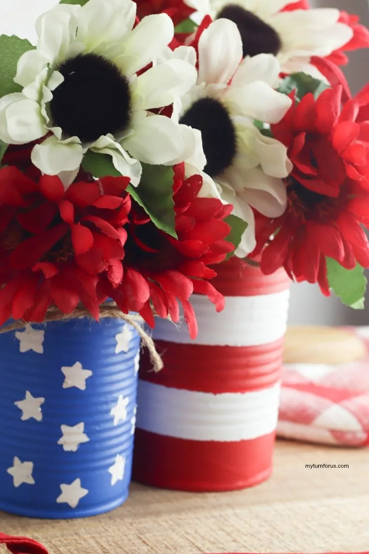 red white and blue centerpiece, red white and blue centerpiece from recycled cans