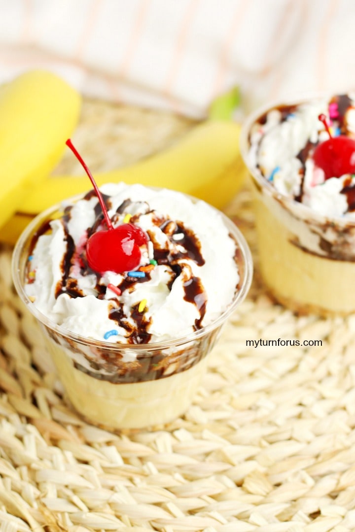 Banana Split Pudding Cups with cherry on top