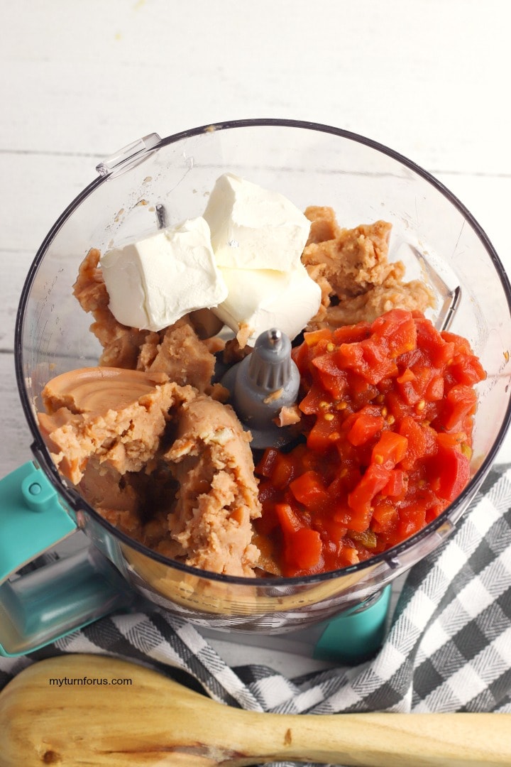 refried beans, Rotel and cream cheese in a food processor