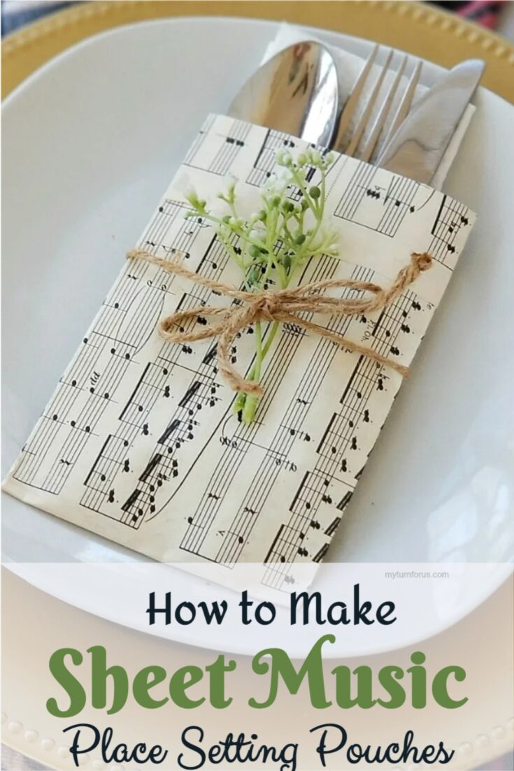DIY Vintage inspired sheet music cutlery pouches for your holiday table. It’s an easy sheet music craft with full instructions for DIY sheet music place settings. 