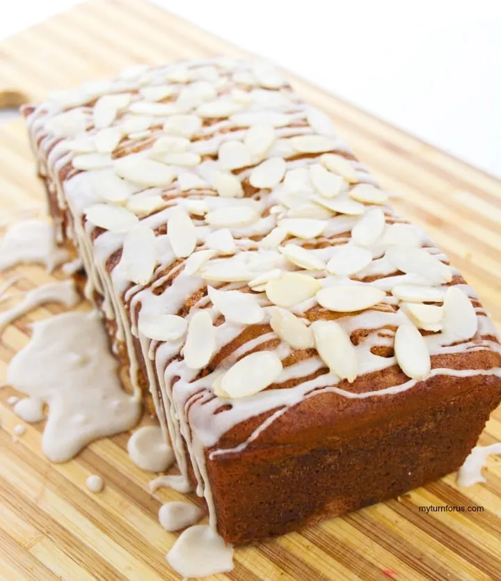 cinnamon swirl eggnog bread with rum glaze and almonds