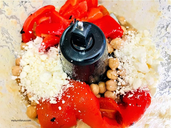 dip made from chickpeas and Roasted red peppers and feta in food processor