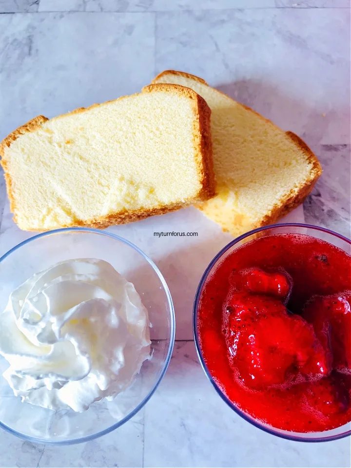 Strawberries, pound cake and whipped cream for three ingredient strawberry shortcake