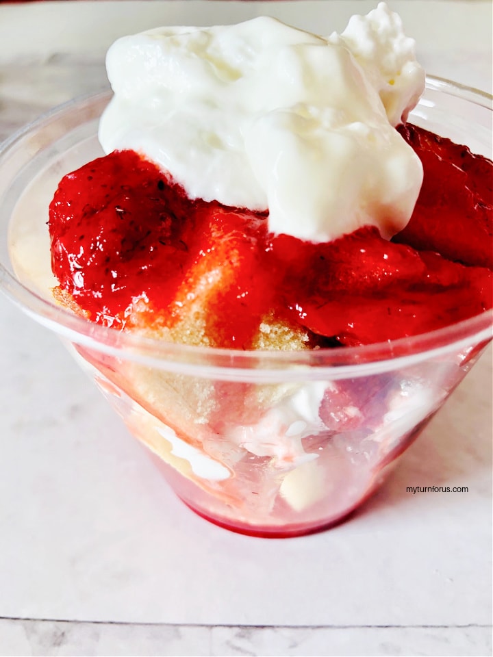 whipped topping, strawberries and pound cake cubes for three ingredient strawberry shortcake