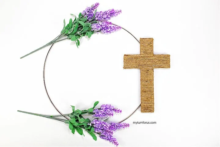 Hot glue cross to wreath and gauge lavender 