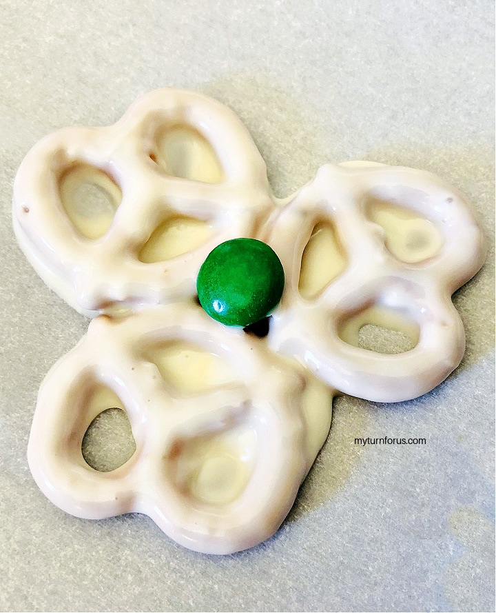 Candy coated pretzels with green candy,St Patrick's day pretzels, candy coated shamrocks