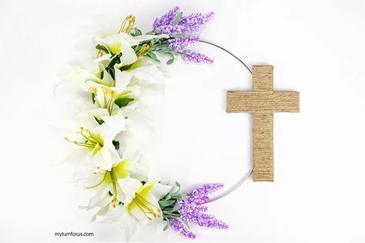 religious easter wreath with cross and lilies and lavender
