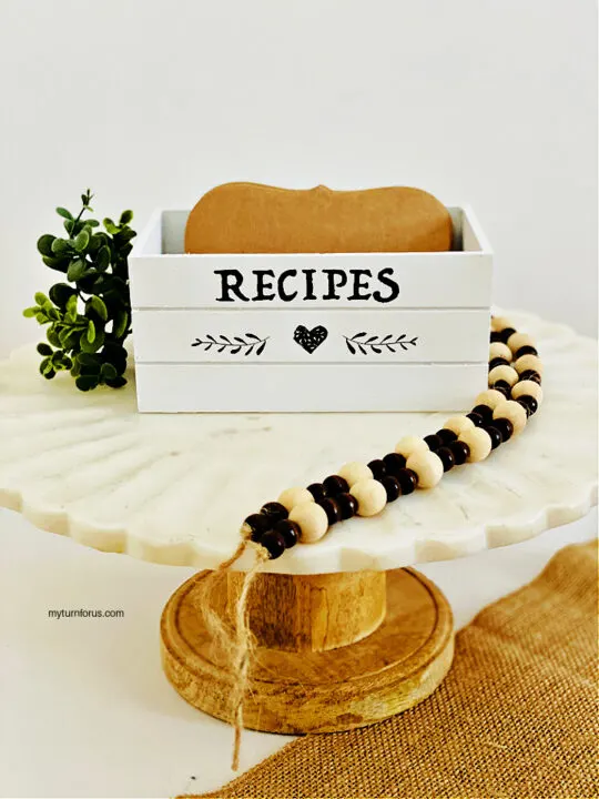 DIY recipe box on a stand with farmhouse beads