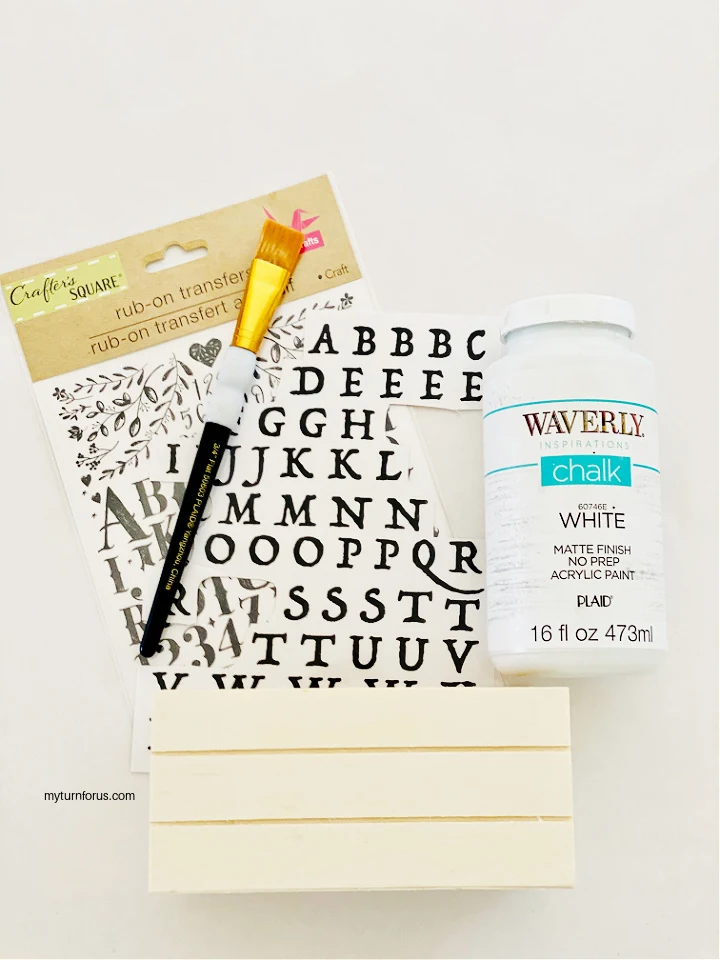craft paintbrush, small crate, rub on letters, craft paint