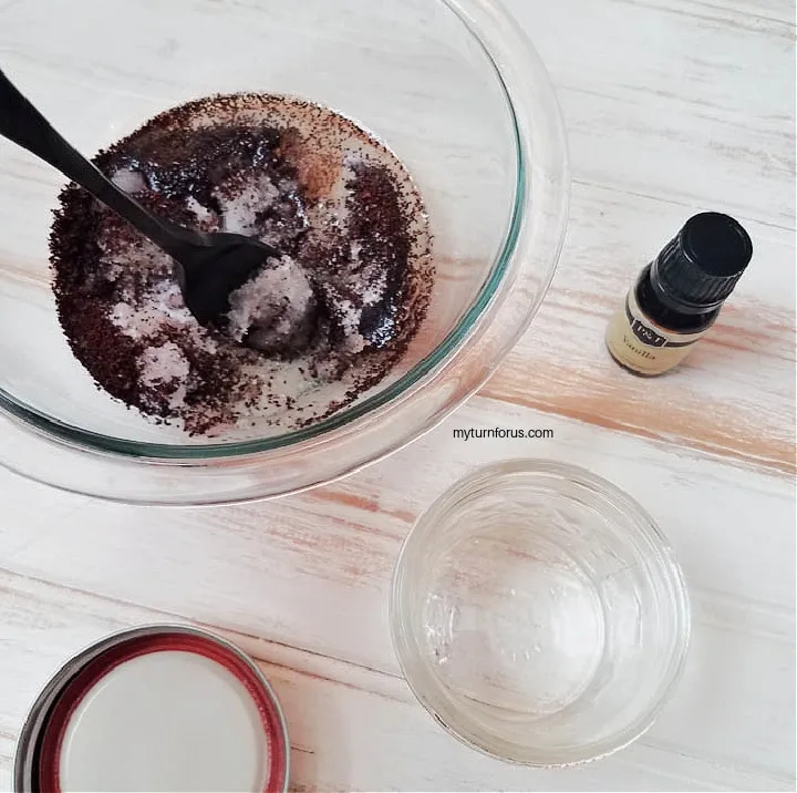 Mixing the coconut oil sugar and coffee