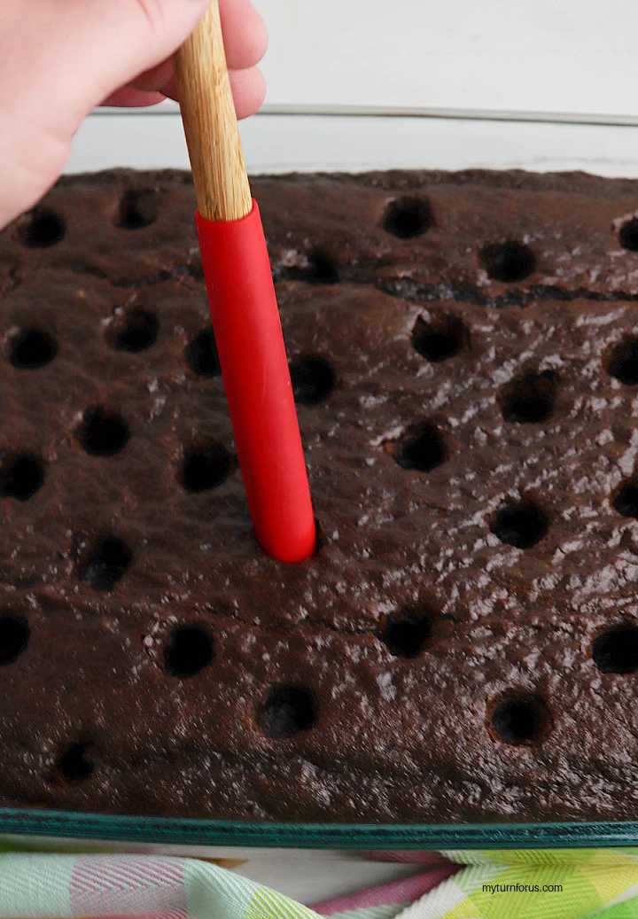chocolate cake with poke holes