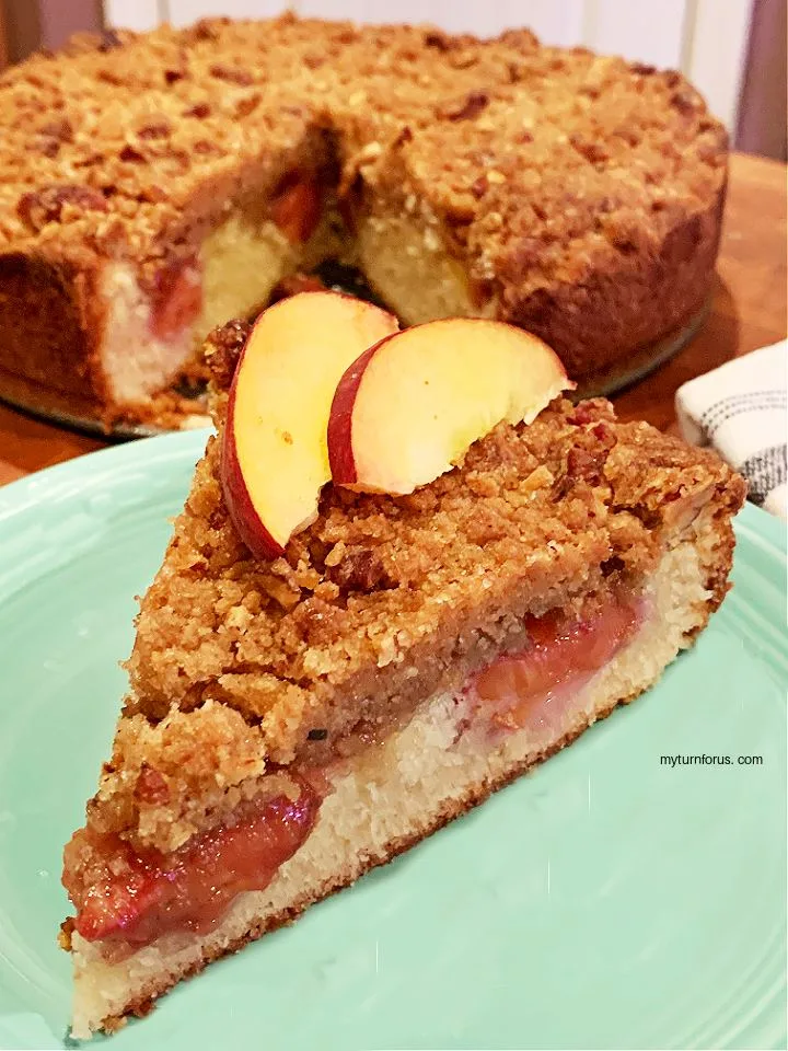 old fashioned peach coffee cake with pecan streusel topping