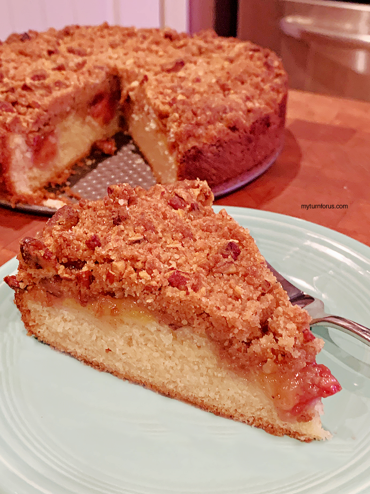 peach streusel cake with pecan streusel topping