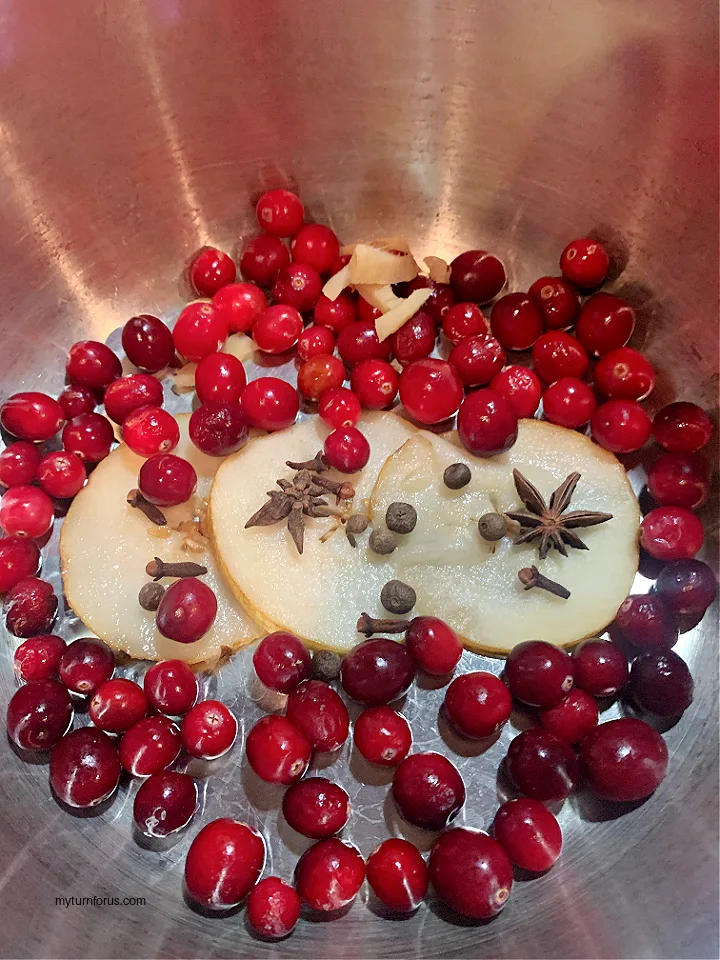 cranberries, ginger and mulling spices for holiday spiced wine