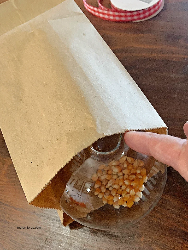 placing Popcorn glass ornament in paper bag