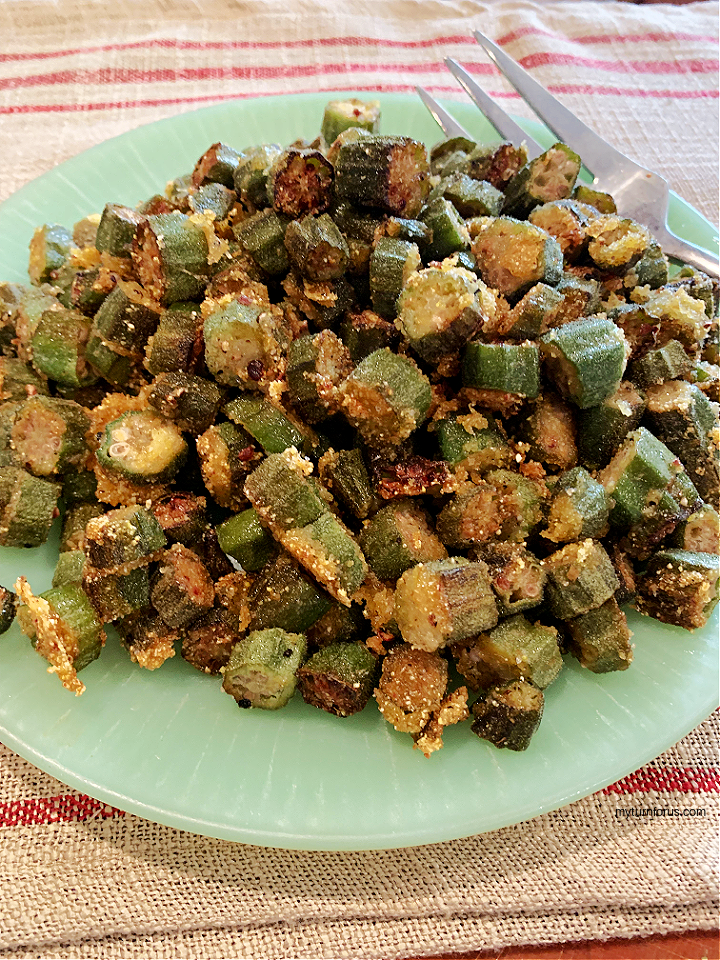 southern fried okra in cast iron skillet