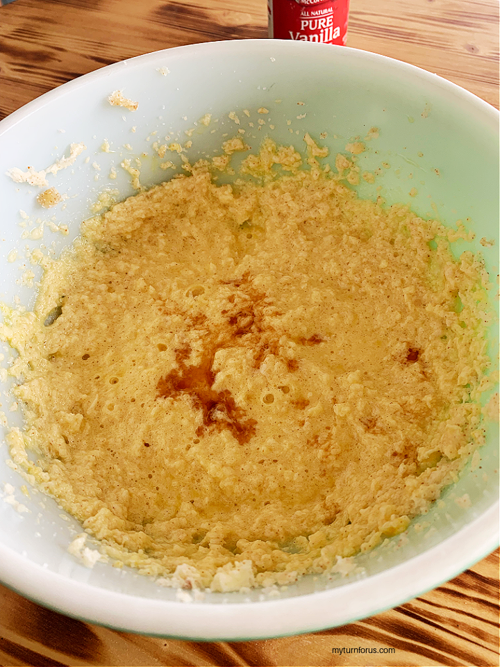 adding vanilla to browned butter mixture for pear cake