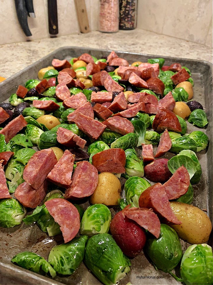 sheet pan sausage potatoes and brussel sprouts