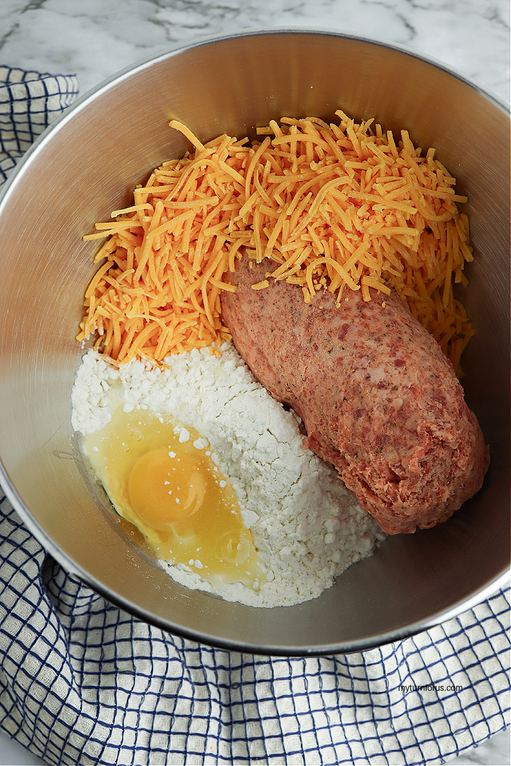 cheese, sausage, biscuit mix and egg