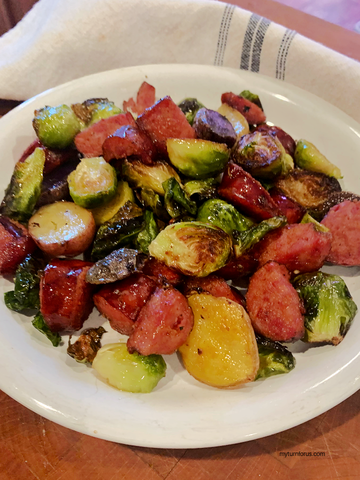 sausage, brussel sprouts and potatoes