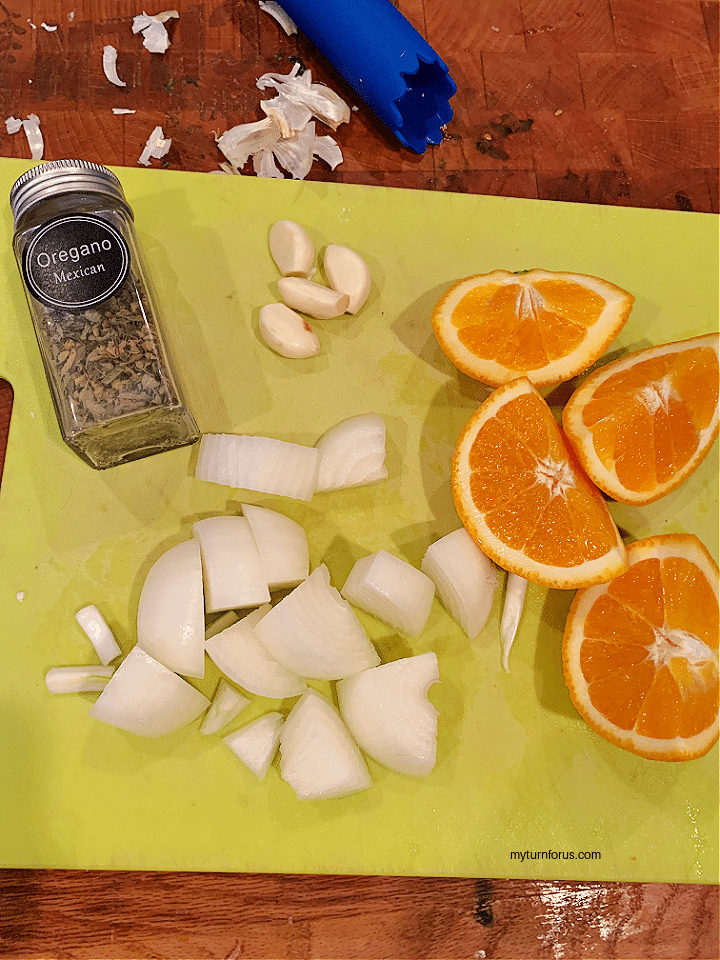 Chopped onions, oranges and cloves or garlic