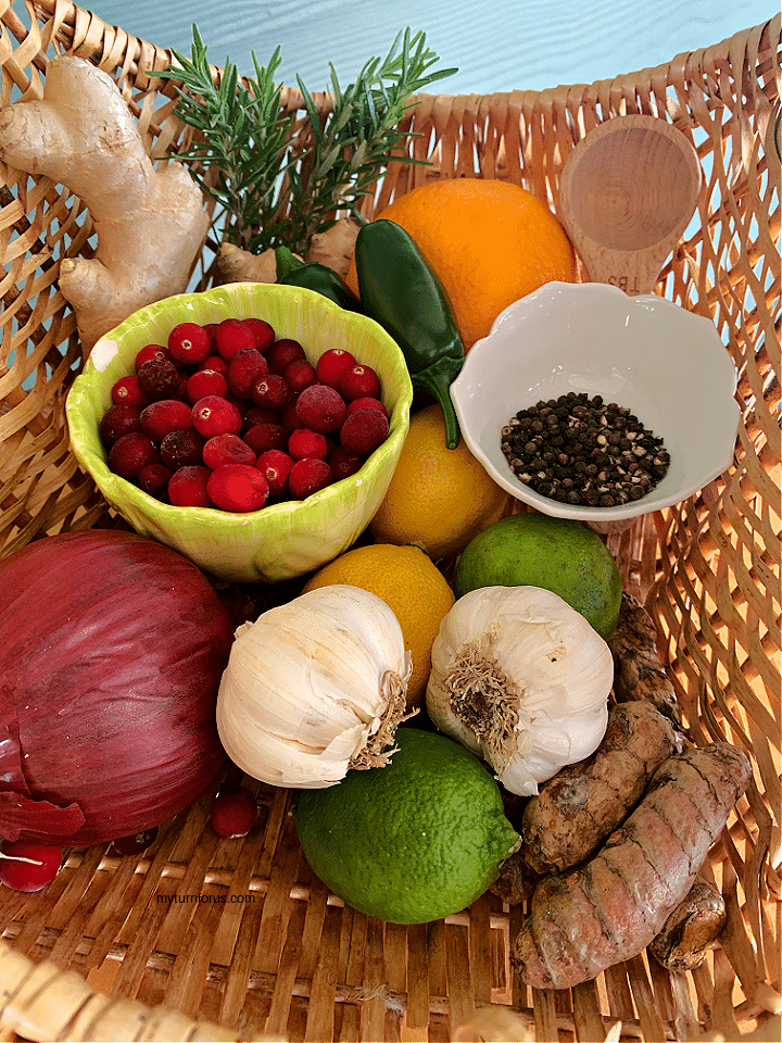 lemons, limes, ginger, cranberries jalapeños garlic and peppercorns