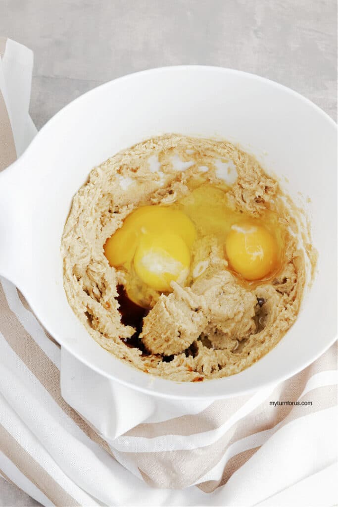 adding eggs and vanilla