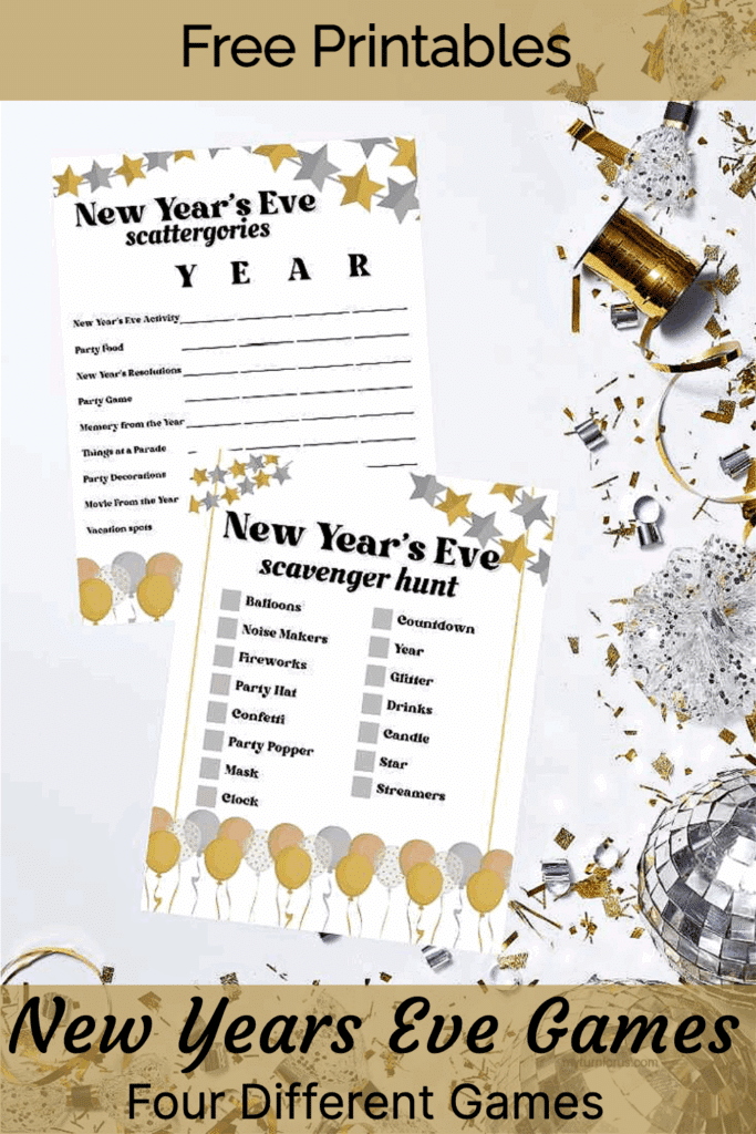 New Year’s Eve printable games for themed New Years Eve scavenger hunts, Pictionary, Scattergories, and Charades. Download any or all of these Free New Years Eve Games Printables and enjoy a New Year’s Eve with good times and laughter. #NewYearsEveGames #NewYearsEvePrintables #NewYearsEveCharades #NewYearsEveScavengerHunt #NewYearsEveScattergories #NewYearsEvePictionary #myturnforus #NewYearsEvePrintableGames #printablegames